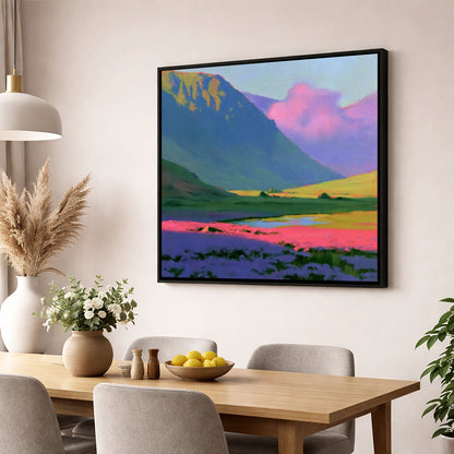 Dramatic Magenta Heather Fellside flowers & fellsides wall art displayed in a dining room