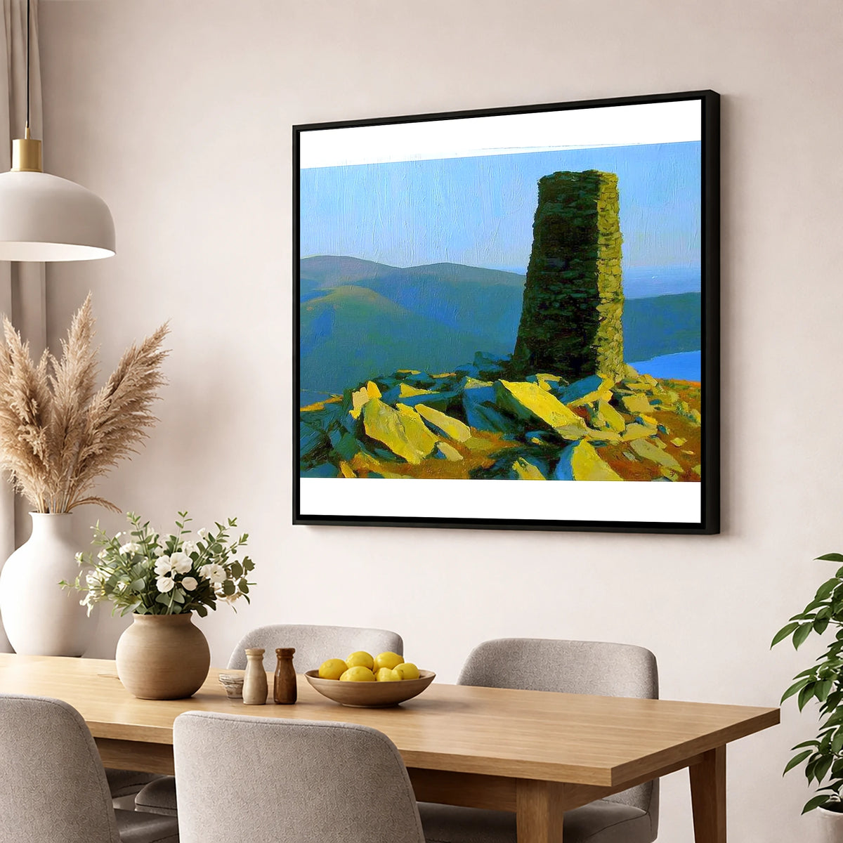 Sunlit Beacon on Thornthwaite Crag lake district fell wall art displayed in a dining room