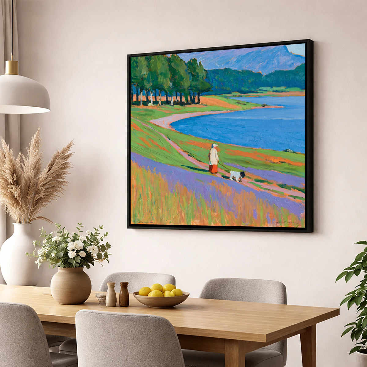 Vibrant Tarn Hows Dog Walk gifts for dog walkers wall art displayed in a dining room