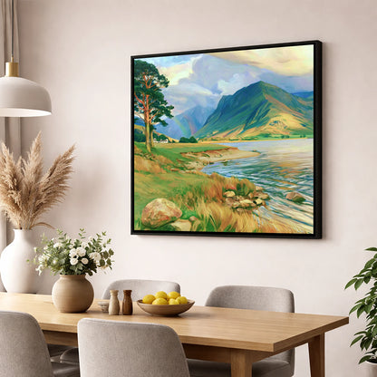 Lakeshore Rainbow After Rain lake district sky wall art displayed in a dining room