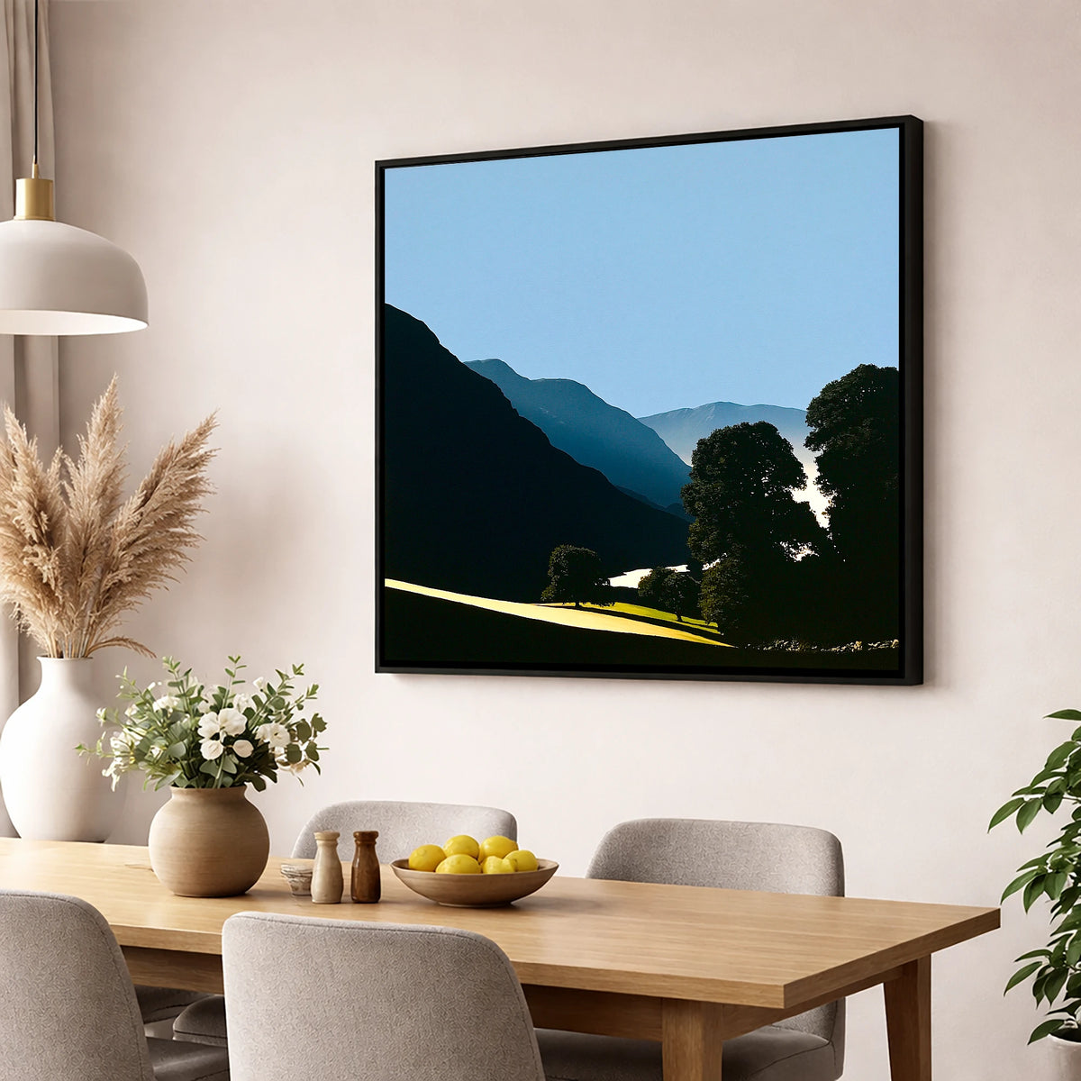 Valley Mist at First Light lake district sky wall art displayed in a dining room