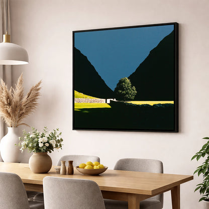 Sunlit Tree Between Silhouetted Fells lake district valley wall art displayed in a dining room