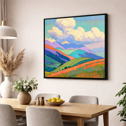 Vibrant Rolling Fells Under Cloud lake district fell wall art displayed in a dining room