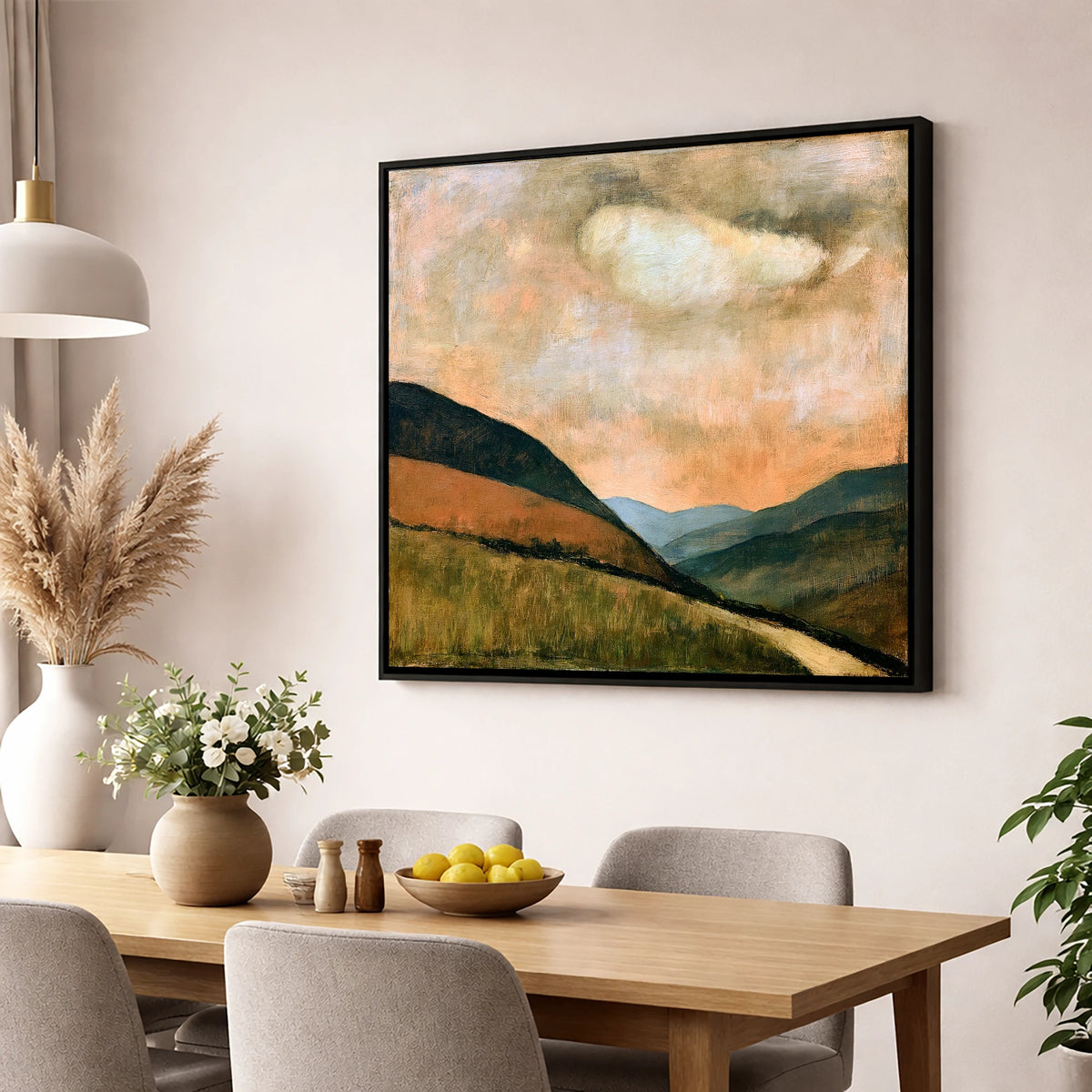 Rolling Fells Under Warm Cloud lake district fell wall art displayed in a dining room