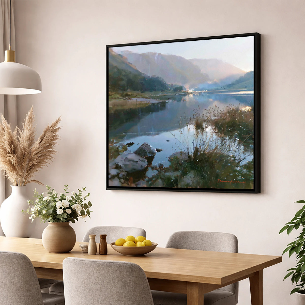 Still Lake Beneath Misty Fells lake district lake wall art displayed in a dining room