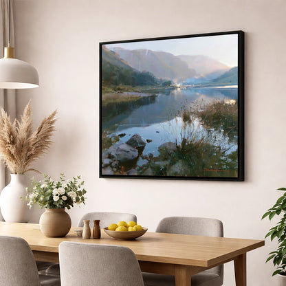 Still Lake Beneath Misty Fells lake district lake wall art displayed in a dining room