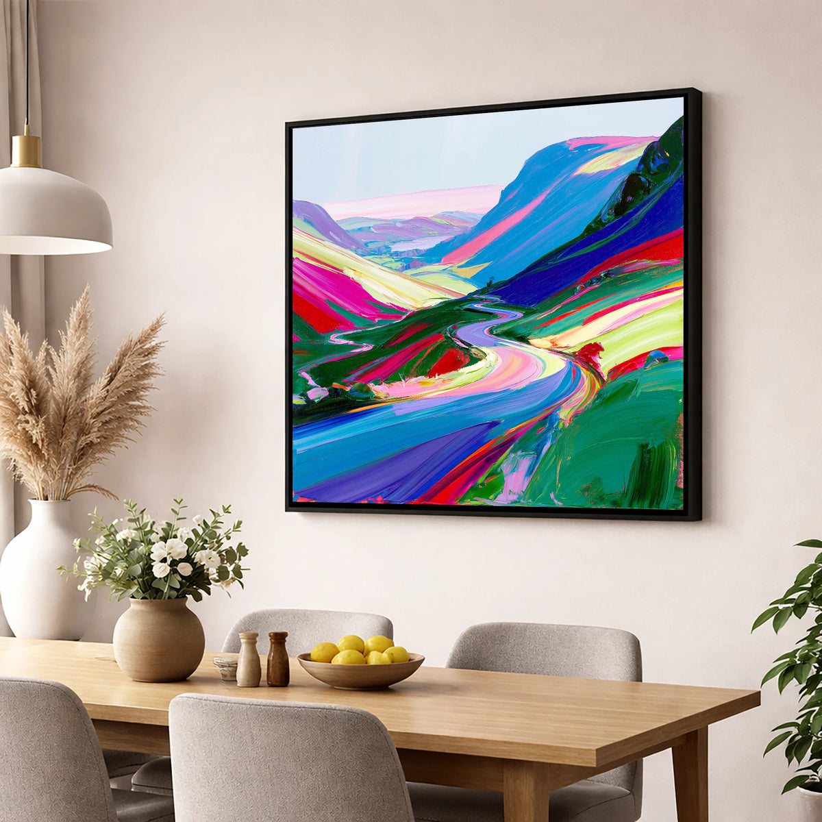Vivid Sweeping Mountain Pass lake district valley wall art displayed in a dining room