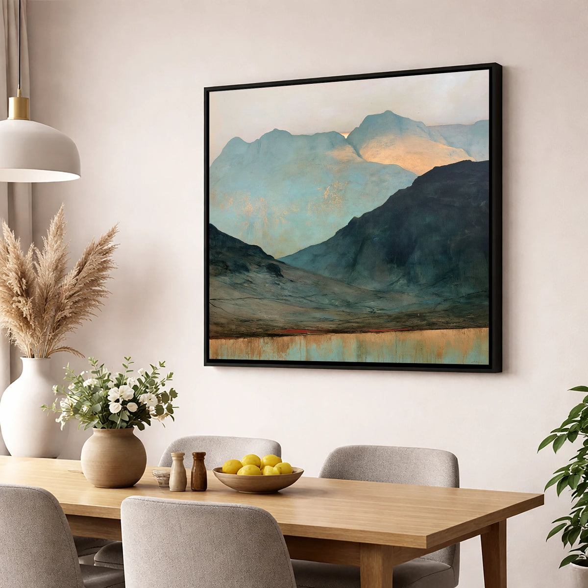 Langdale Pikes in Golden Light lake district fell wall art displayed in a dining room