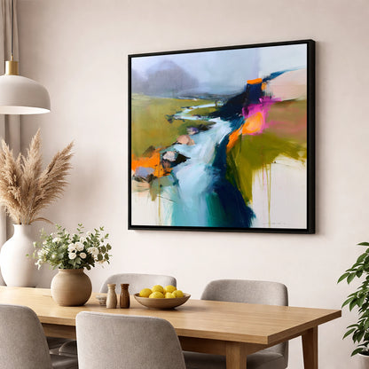 Dynamic Abstract Fellside Beck lake district waterfall wall art displayed in a dining room