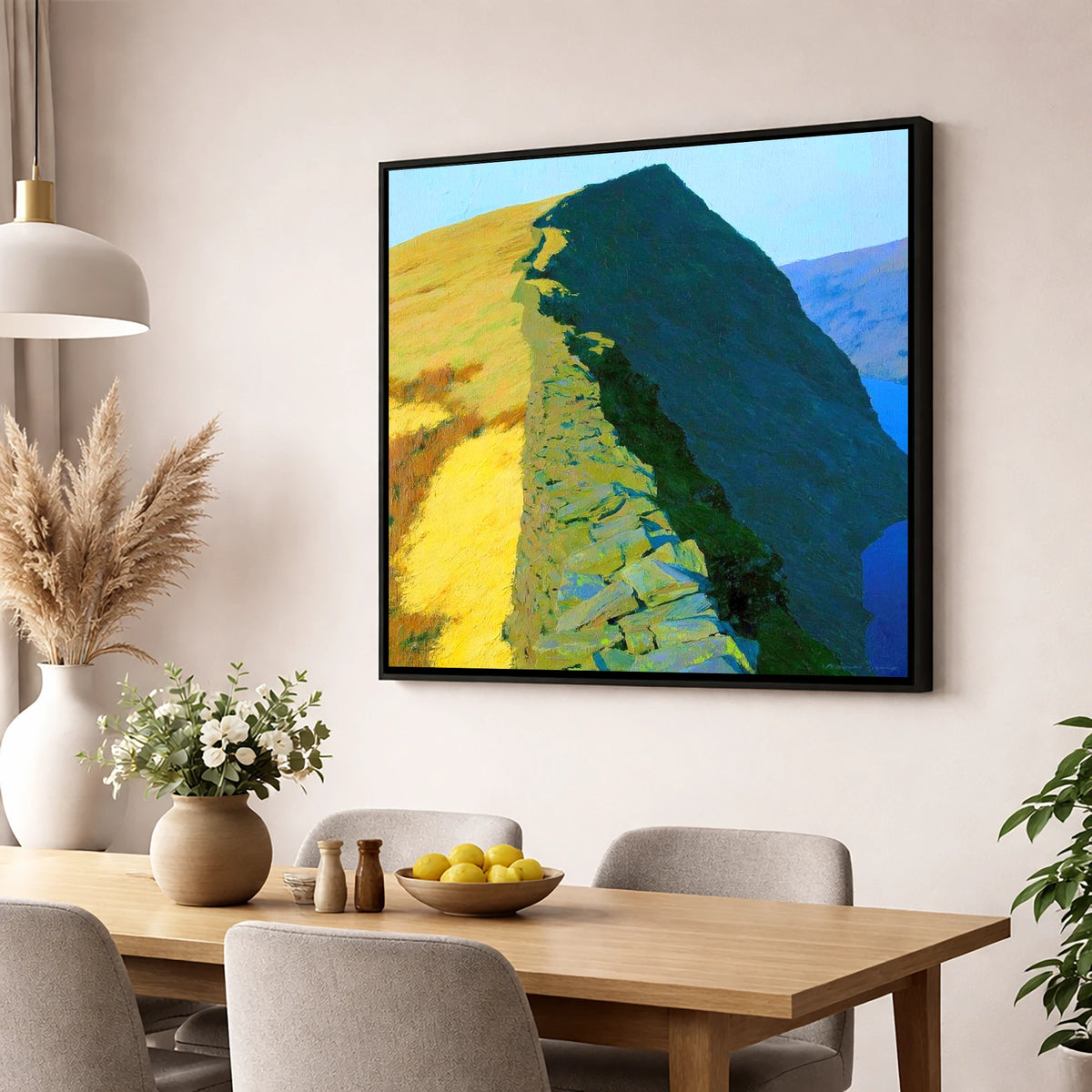 High Pike Ridge Stone Wall lake district fell wall art displayed in a dining room
