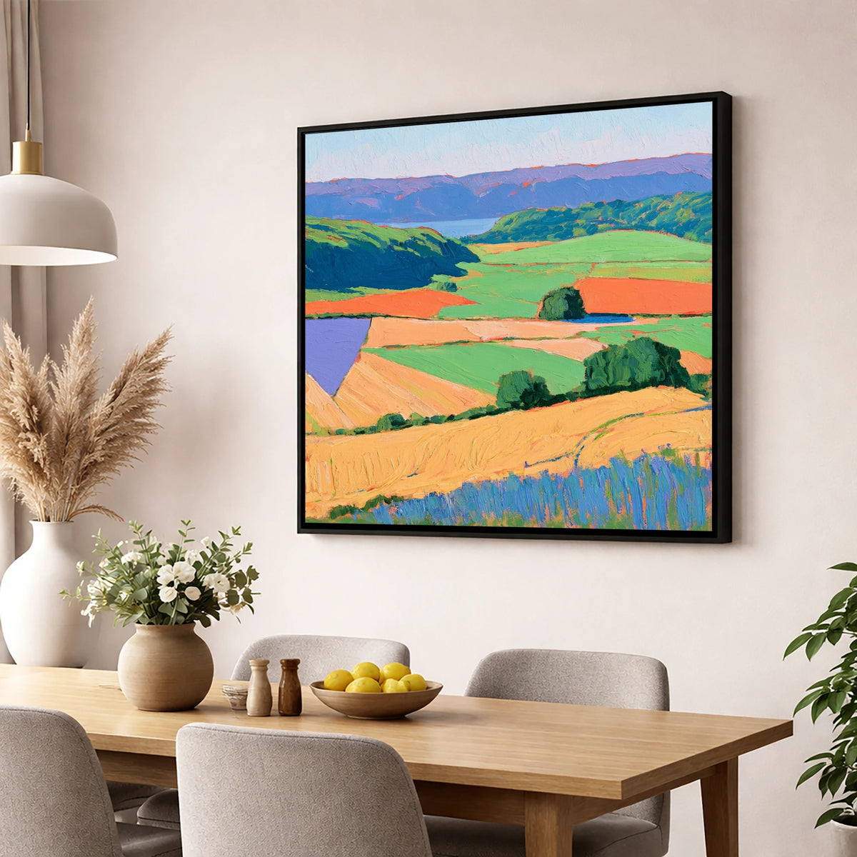 Luminous Patchwork Dale Fields lake district valley wall art displayed in a dining room