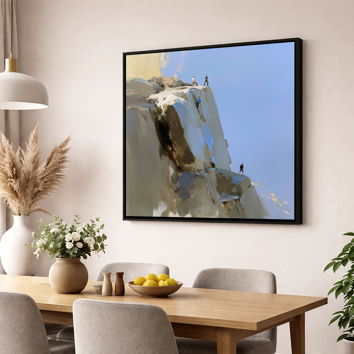 Climbers on a Sunlit Crag lake district walking wall art displayed in a dining room