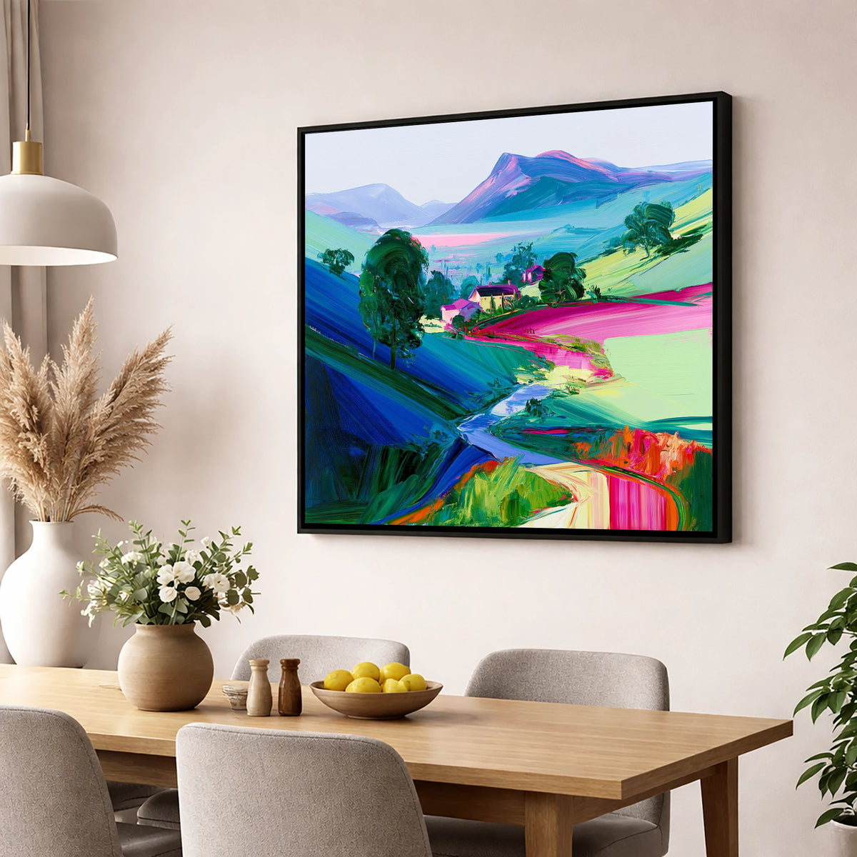 Vibrant Valley Morning Mist lake district sky wall art displayed in a dining room
