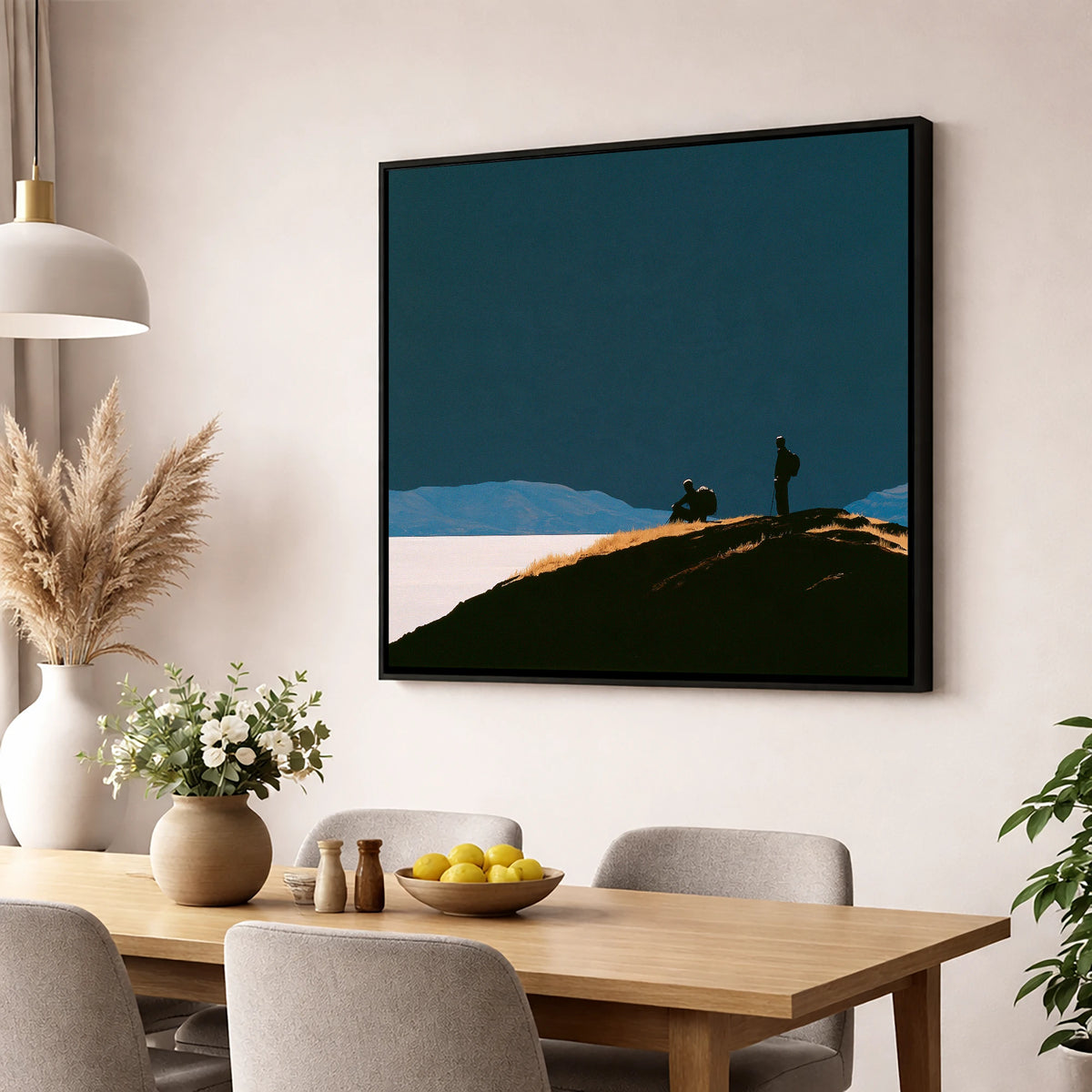 Silhouetted Walkers on Catbells lake district fell wall art displayed in a dining room