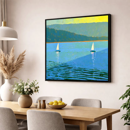 Windermere Sailboats in Bold Blue lake district lake wall art displayed in a dining room
