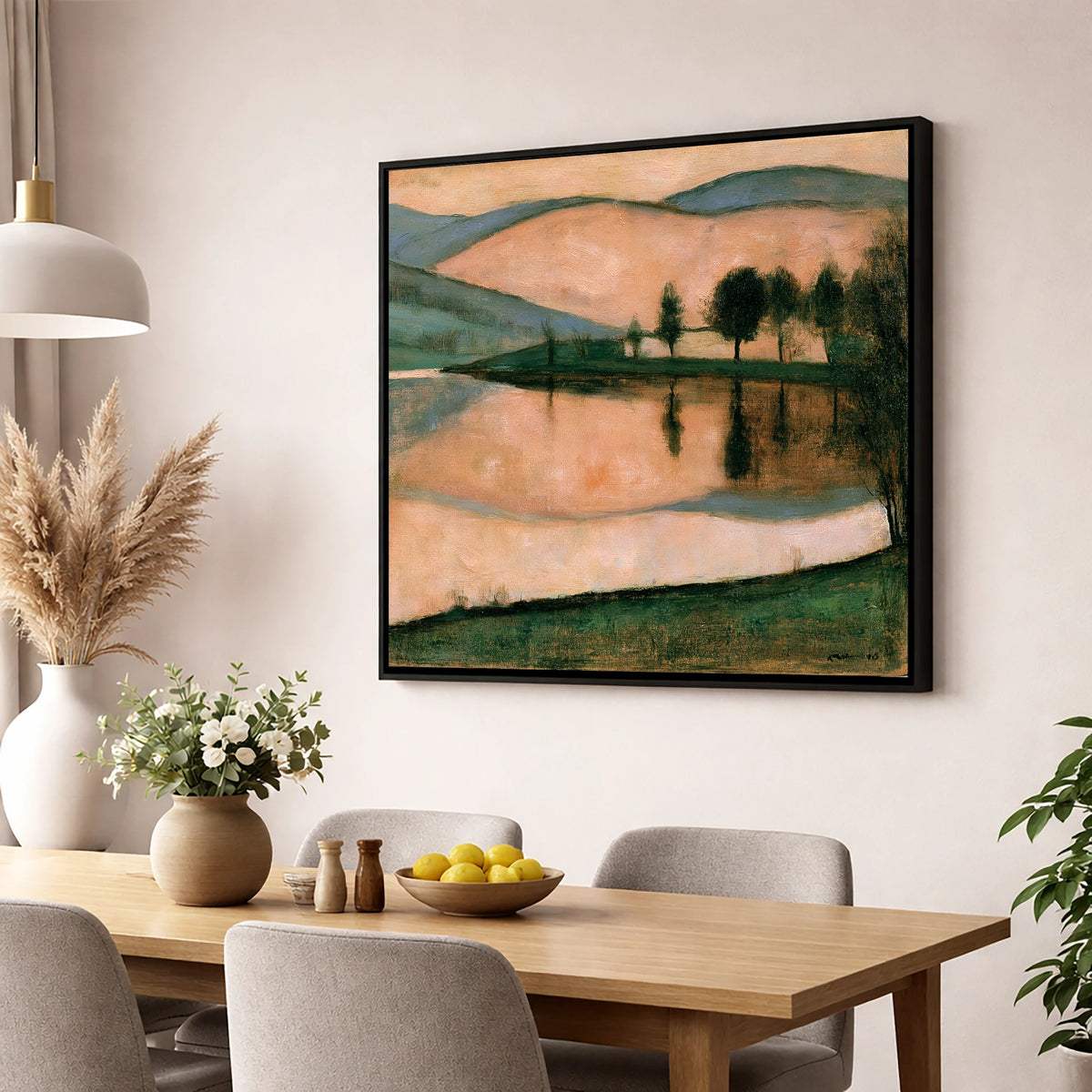 Terracotta Dawn Over Still Lake lake district lake wall art displayed in a dining room
