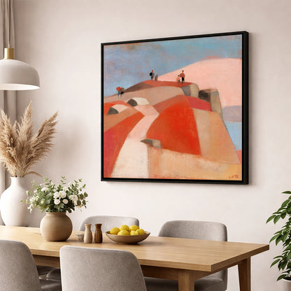 Fell Walkers on a Terracotta Summit lake district fell wall art displayed in a dining room