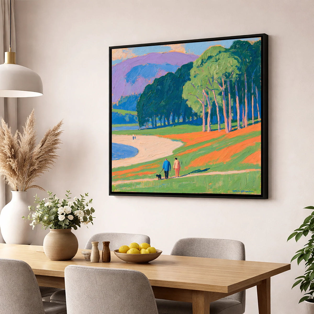 Vibrant Ambleside Dog Walk gifts for dog walkers wall art displayed in a dining room