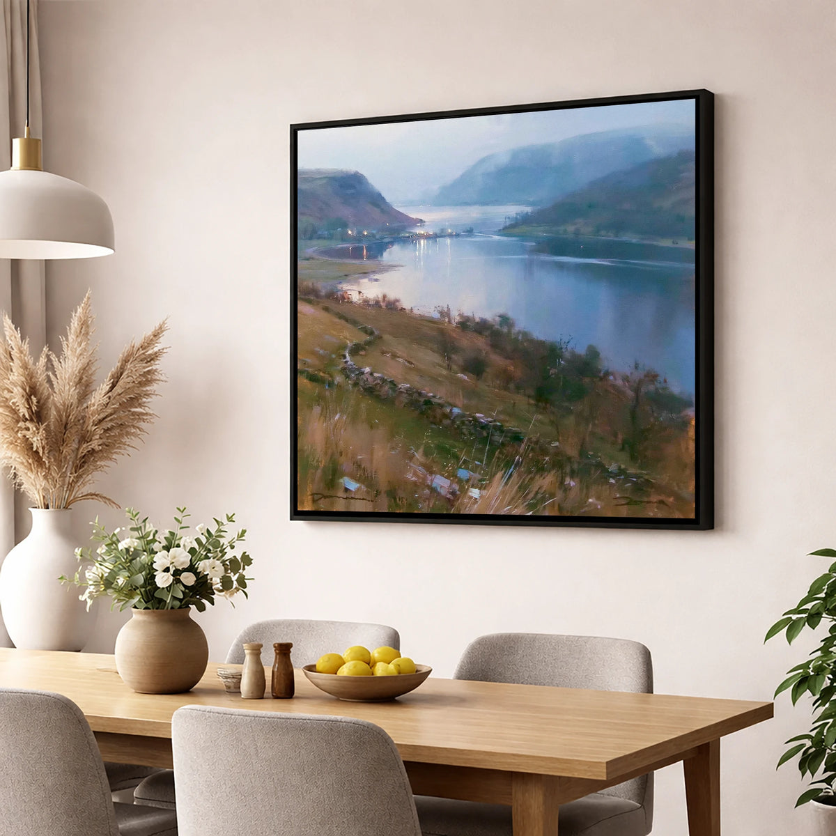 Pooley Bridge Twilight Over Ullswater lake district village wall art displayed in a dining room