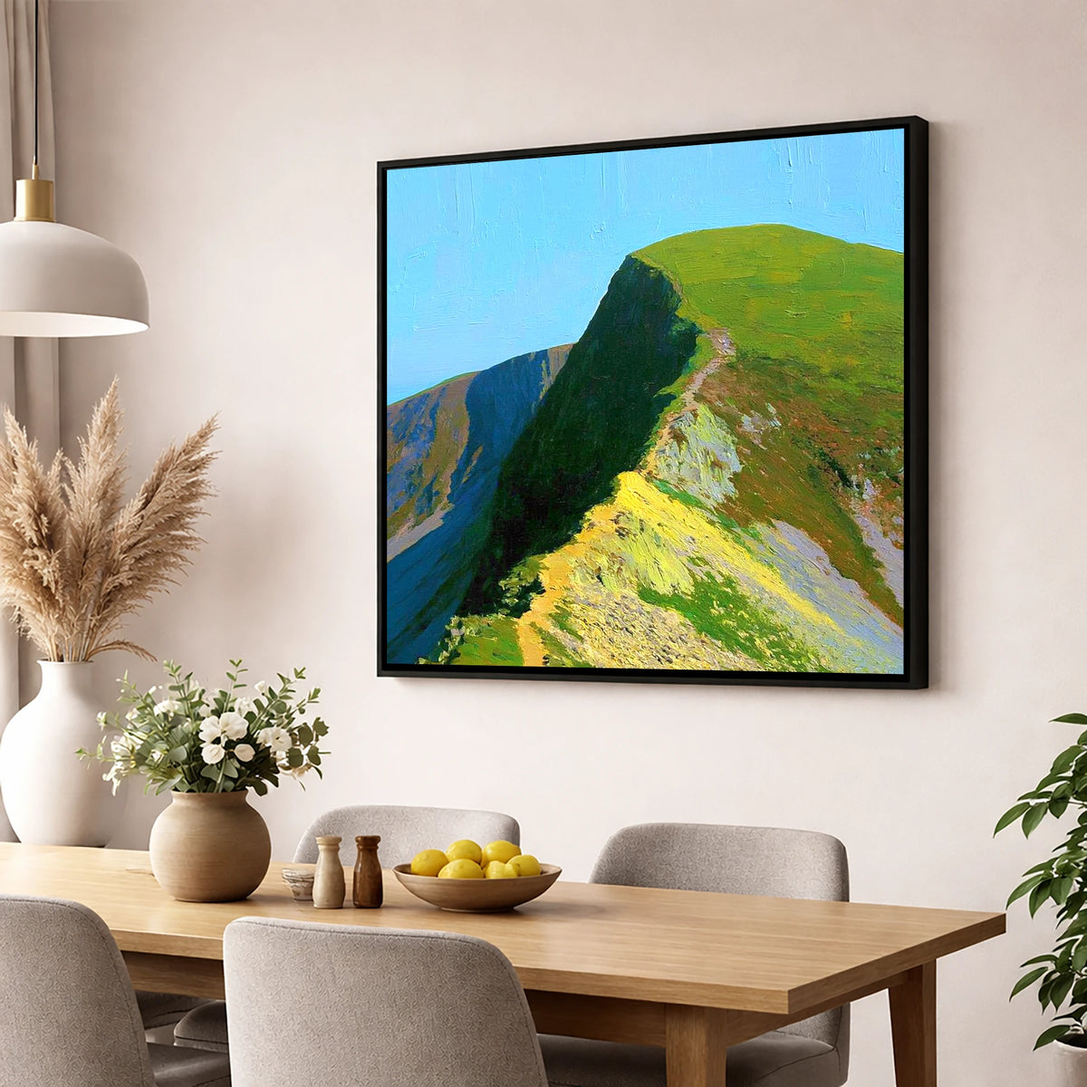 Sunlit Crag Hill Ridge Path lake district fell wall art displayed in a dining room