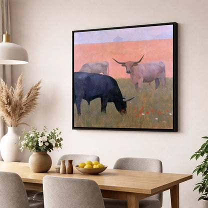 Highland Cattle in Pastel Light lake district wildlife wall art displayed in a dining room