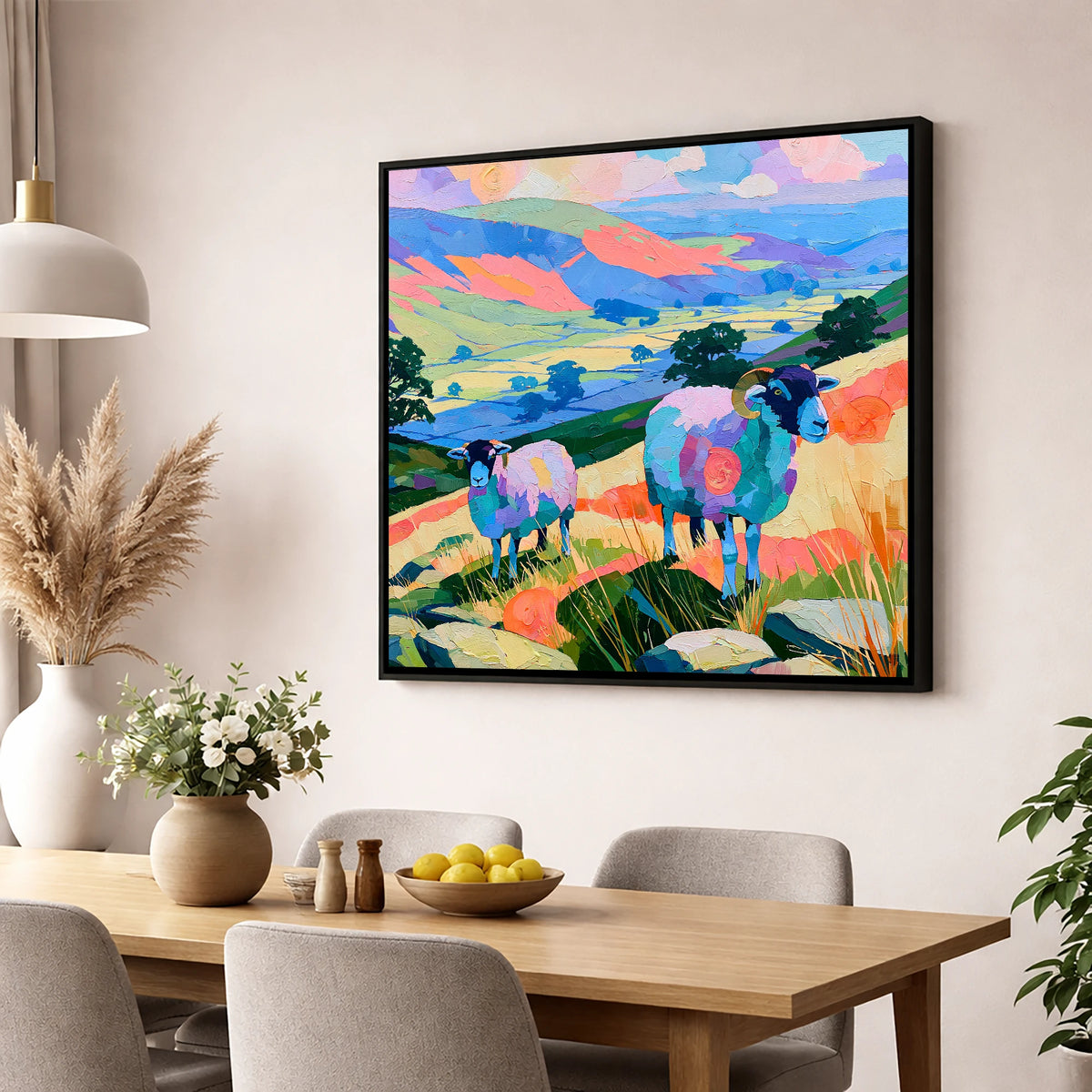 Vibrant Herdwick Sheep Fellside lake district wildlife wall art displayed in a dining room