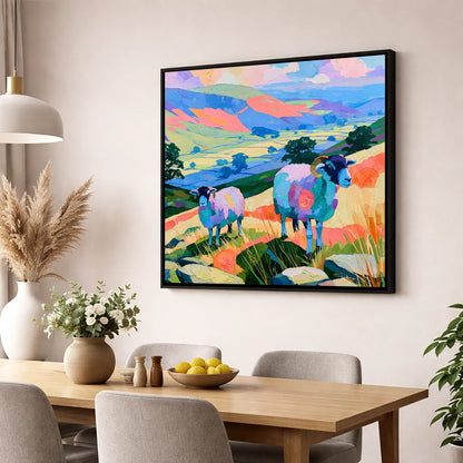 Vibrant Herdwick Sheep Fellside lake district wildlife wall art displayed in a dining room