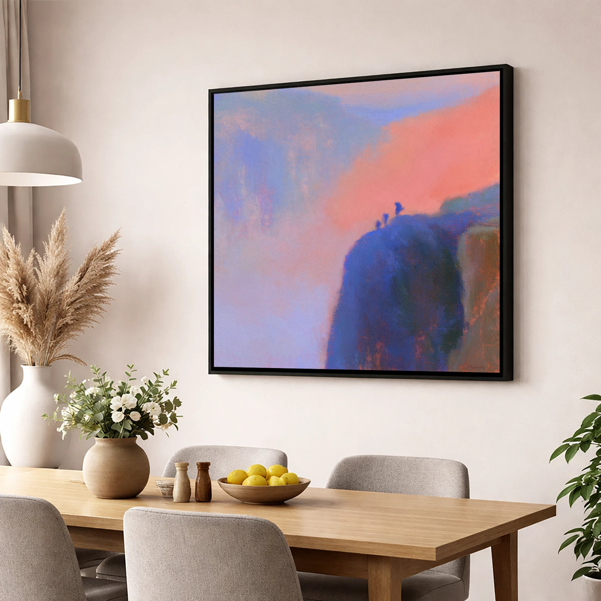 Climbers on an Indigo Crag lake district walking wall art displayed in a dining room