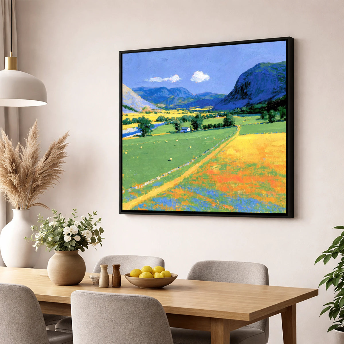 Vibrant Valley beneath Blue Fells lake district valley wall art displayed in a dining room