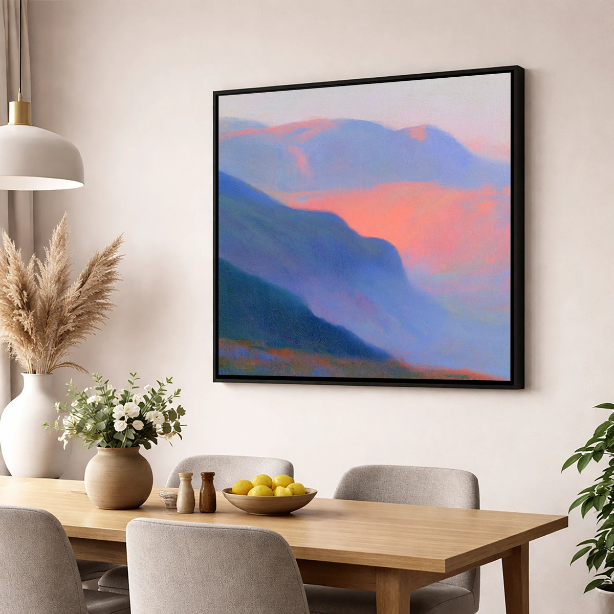 Fell Summit in Pink Twilight lake district fell wall art displayed in a dining room