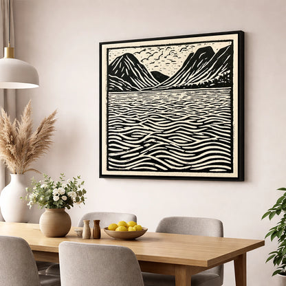 Bold Fells Over Dawn Waters lake district lake wall art displayed in a dining room