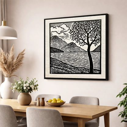 Graphic Crummock Water Fells lake district lake wall art displayed in a dining room
