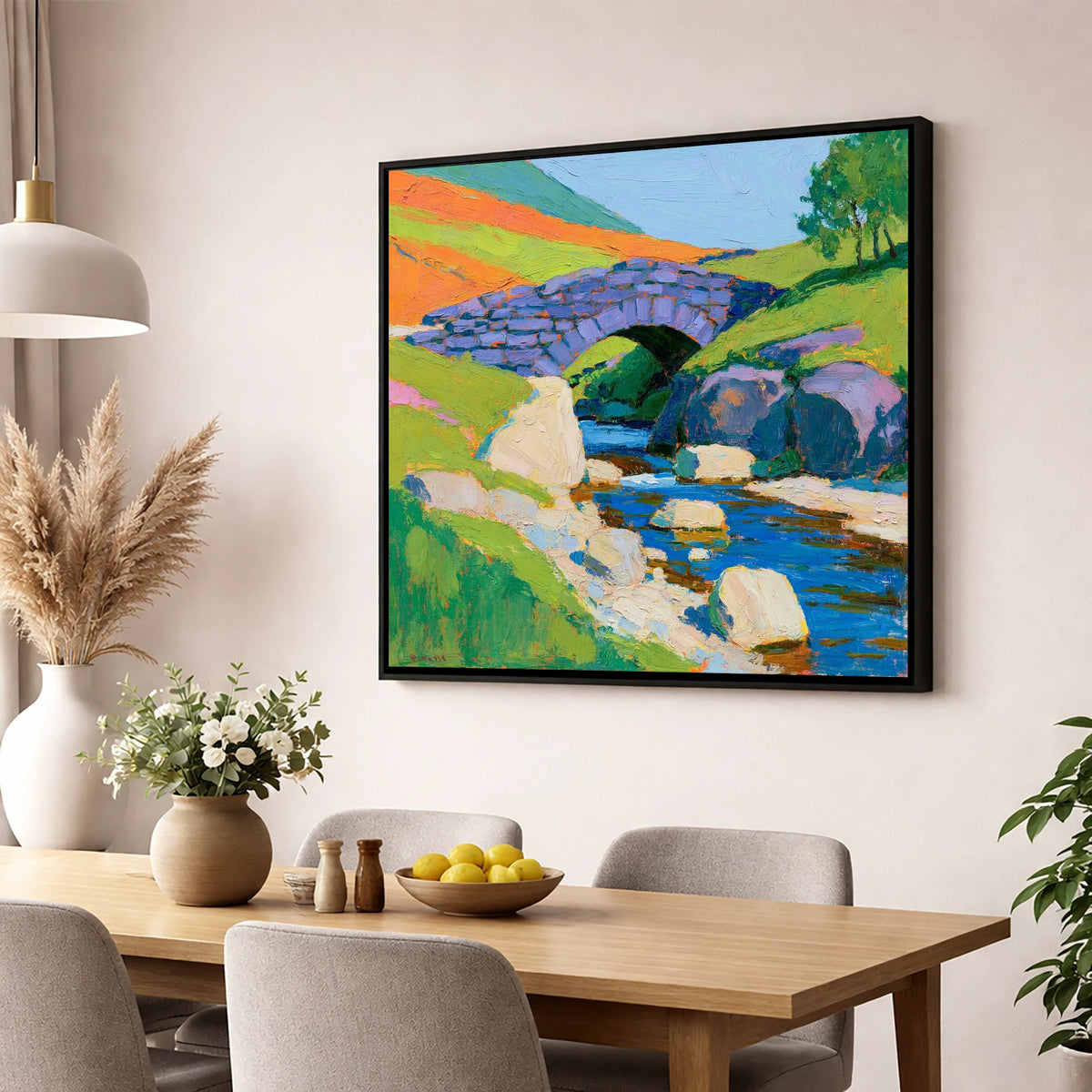 Vibrant Stone Bridge Over Beck lake district waterfall wall art displayed in a dining room