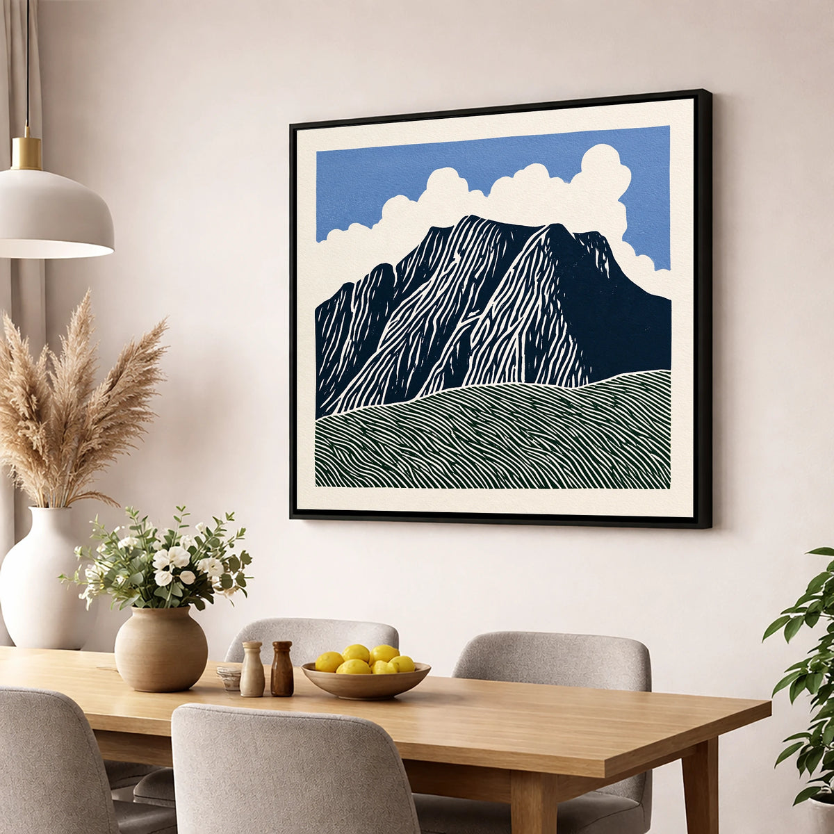 Graphic Scafell Pike Landscape lake district fell wall art displayed in a dining room