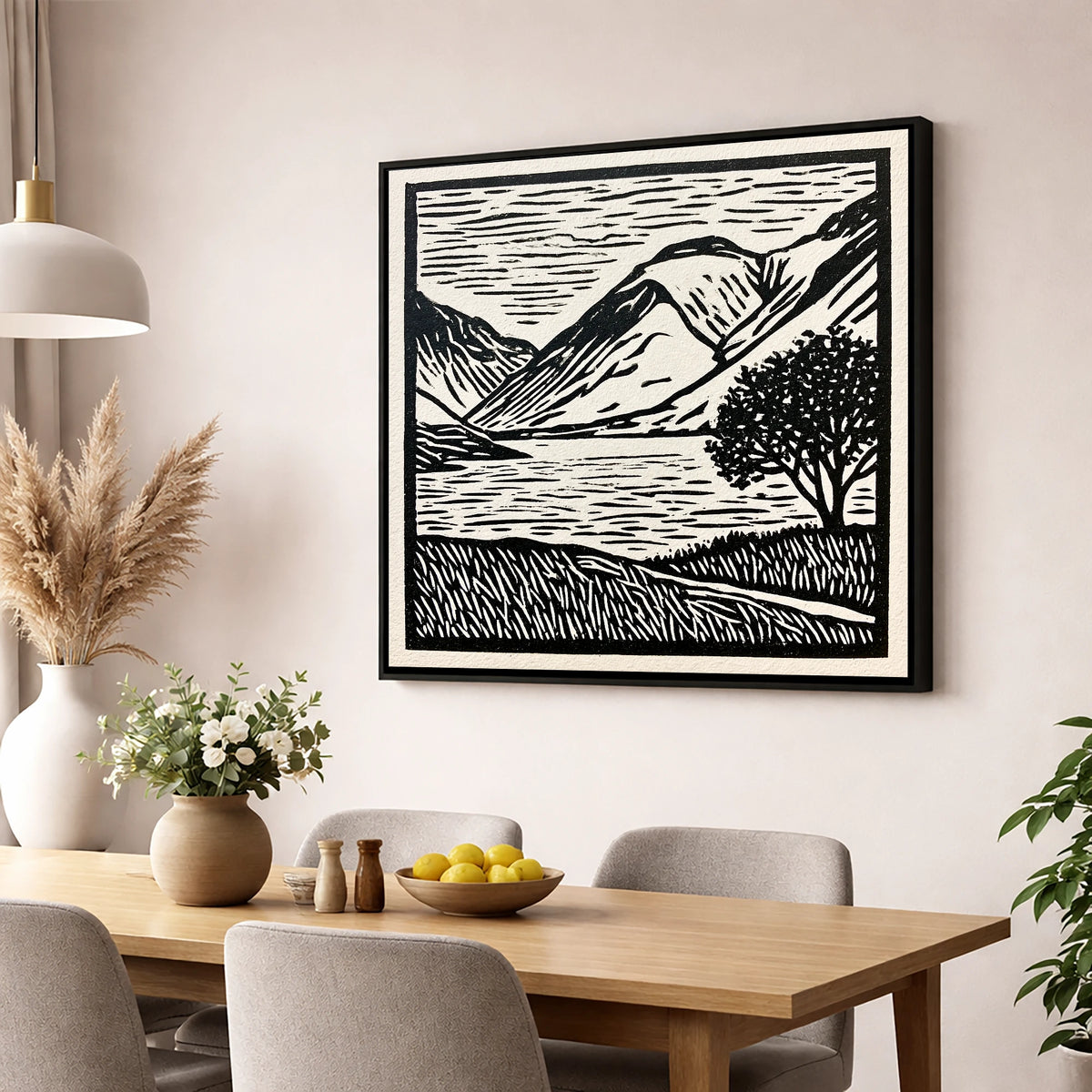 Wasdale in Black and White lake district valley wall art displayed in a dining room