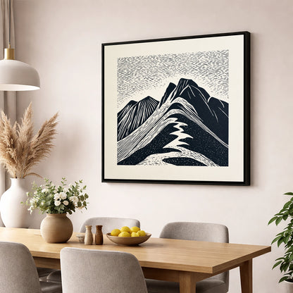 Bowfell Summit in Monochrome lake district fell wall art displayed in a dining room