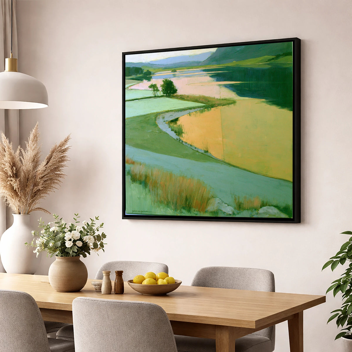 Lake and Golden Valley Fields lake district lake wall art displayed in a dining room