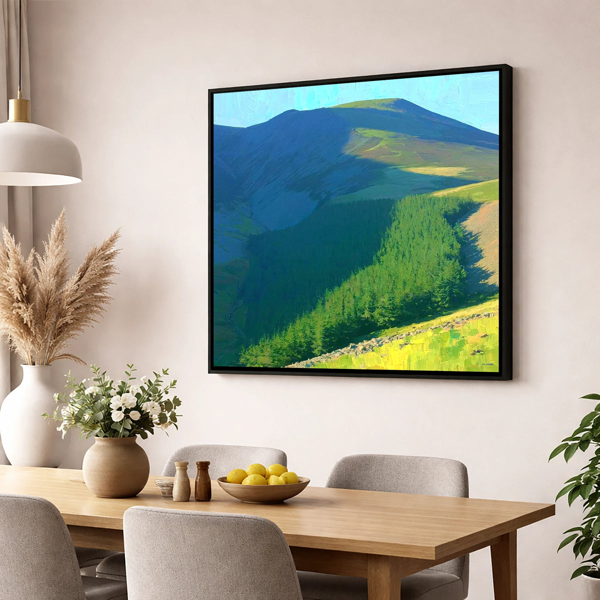 Vibrant Shadows Over Lord's Seat lake district fell wall art displayed in a dining room