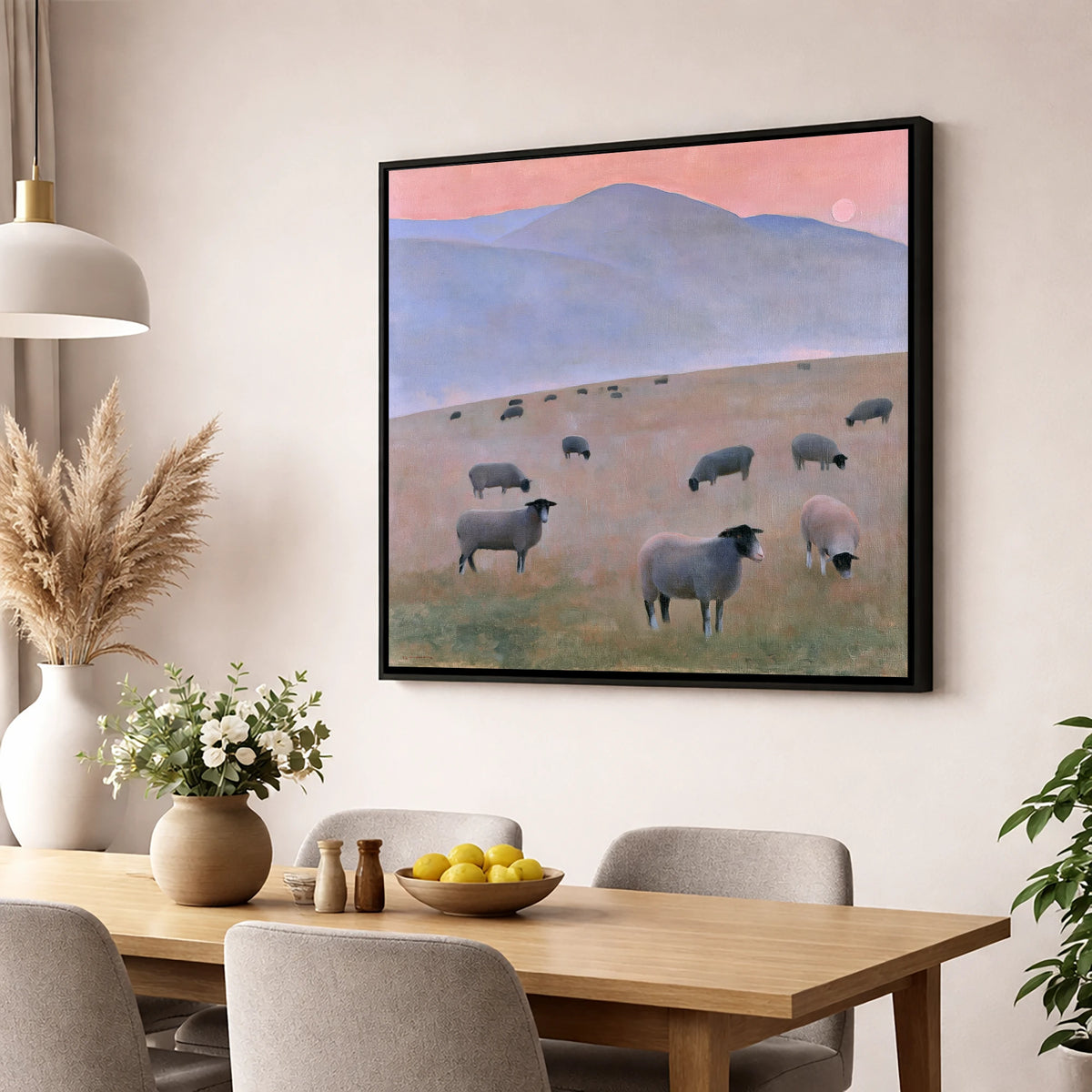 Herdwick Sheep on Pastel Fells lake district wildlife wall art displayed in a dining room