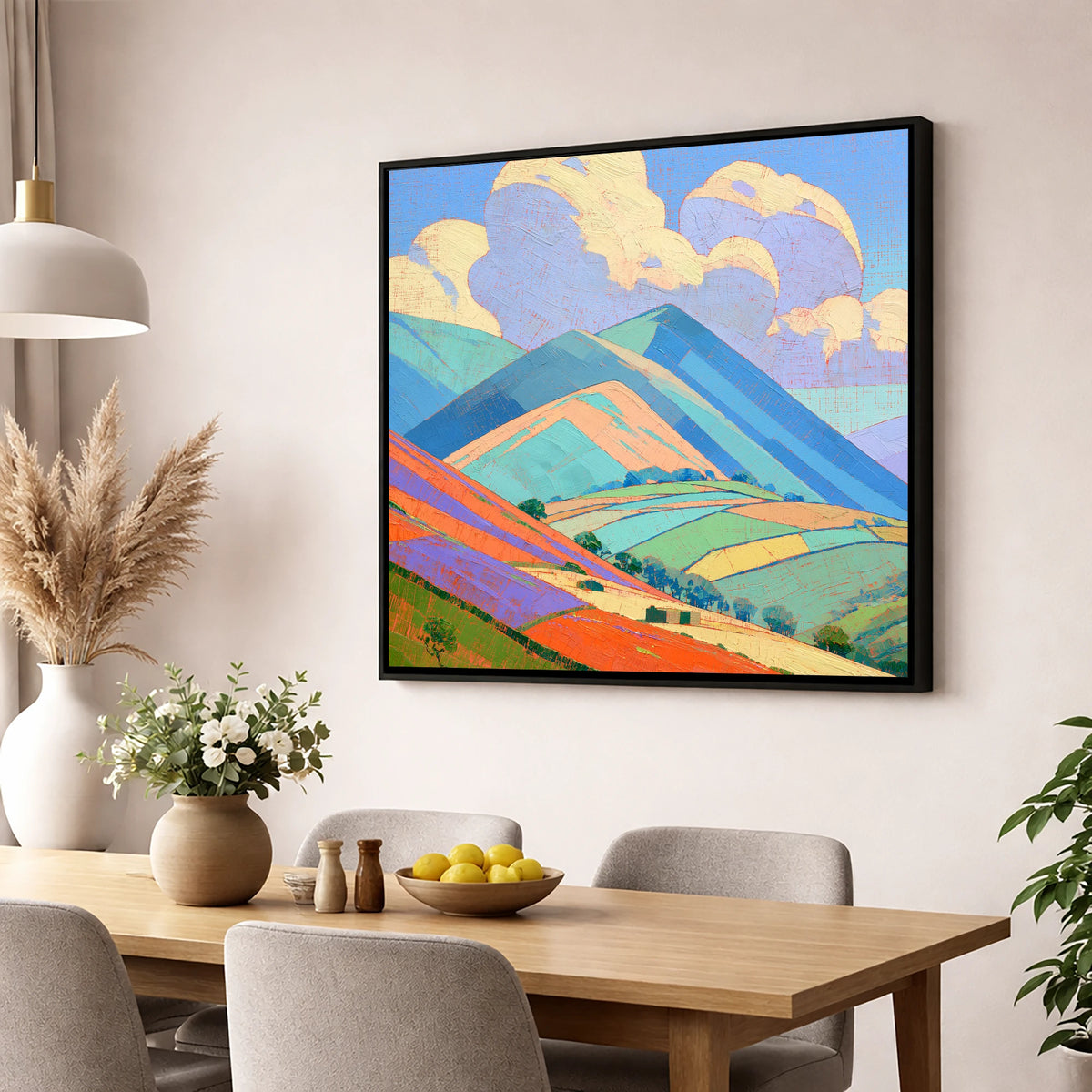 Turquoise and Orange Rolling Fells lake district fell wall art displayed in a dining room