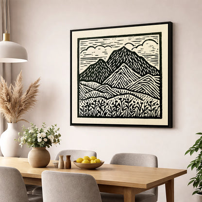 Scafell Pike in Monochrome lake district fell wall art displayed in a dining room