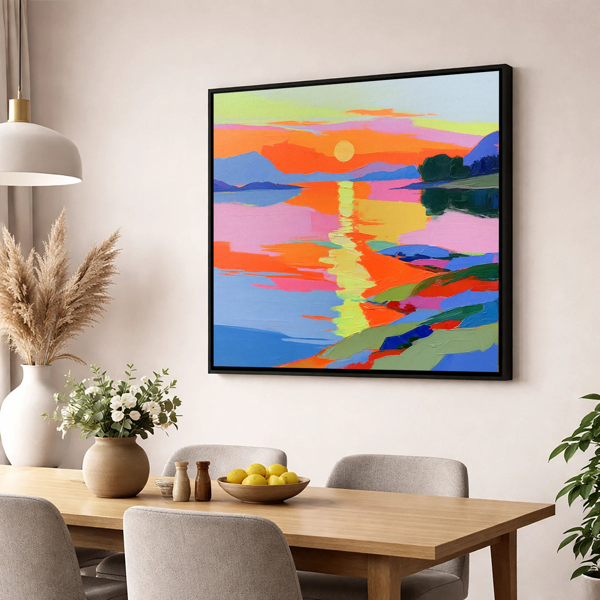 Vivid Sunset Over the Water lake district lake wall art displayed in a dining room