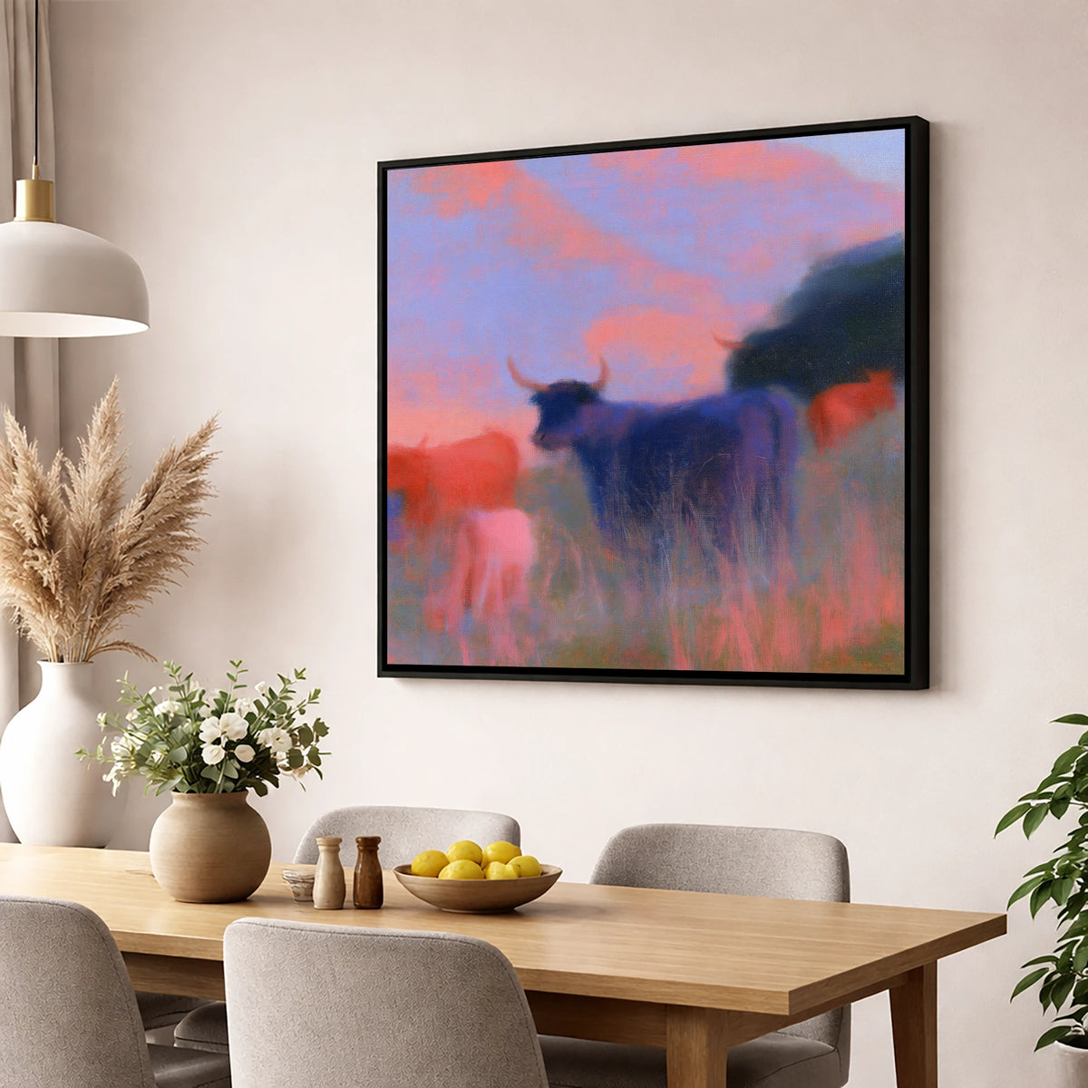 Highland Cattle in Violet Dusk lake district wildlife wall art displayed in a dining room