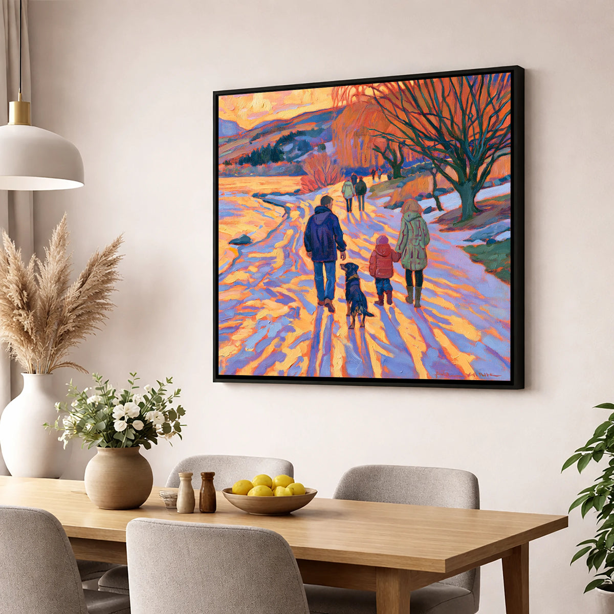 Sunset Dog Walk at Keswick gifts for dog walkers wall art displayed in a dining room