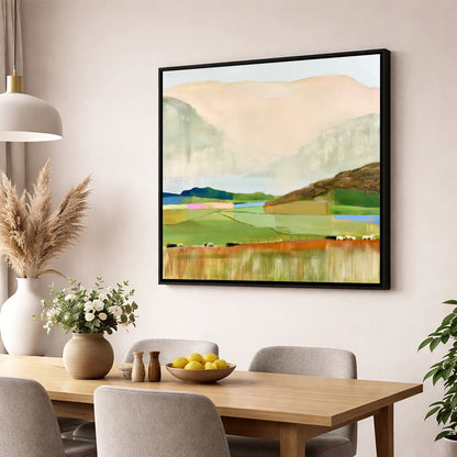 Abstract Fells And Valley Pastures lake district fell wall art displayed in a dining room
