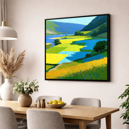 Sunlit Valley Pastures and Blue Shadows lake district valley wall art displayed in a dining room