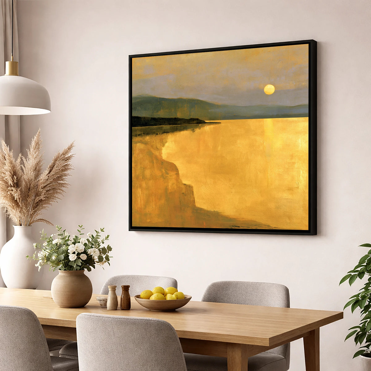 Lake Sunset in Luminous Ochre lake district lake wall art displayed in a dining room
