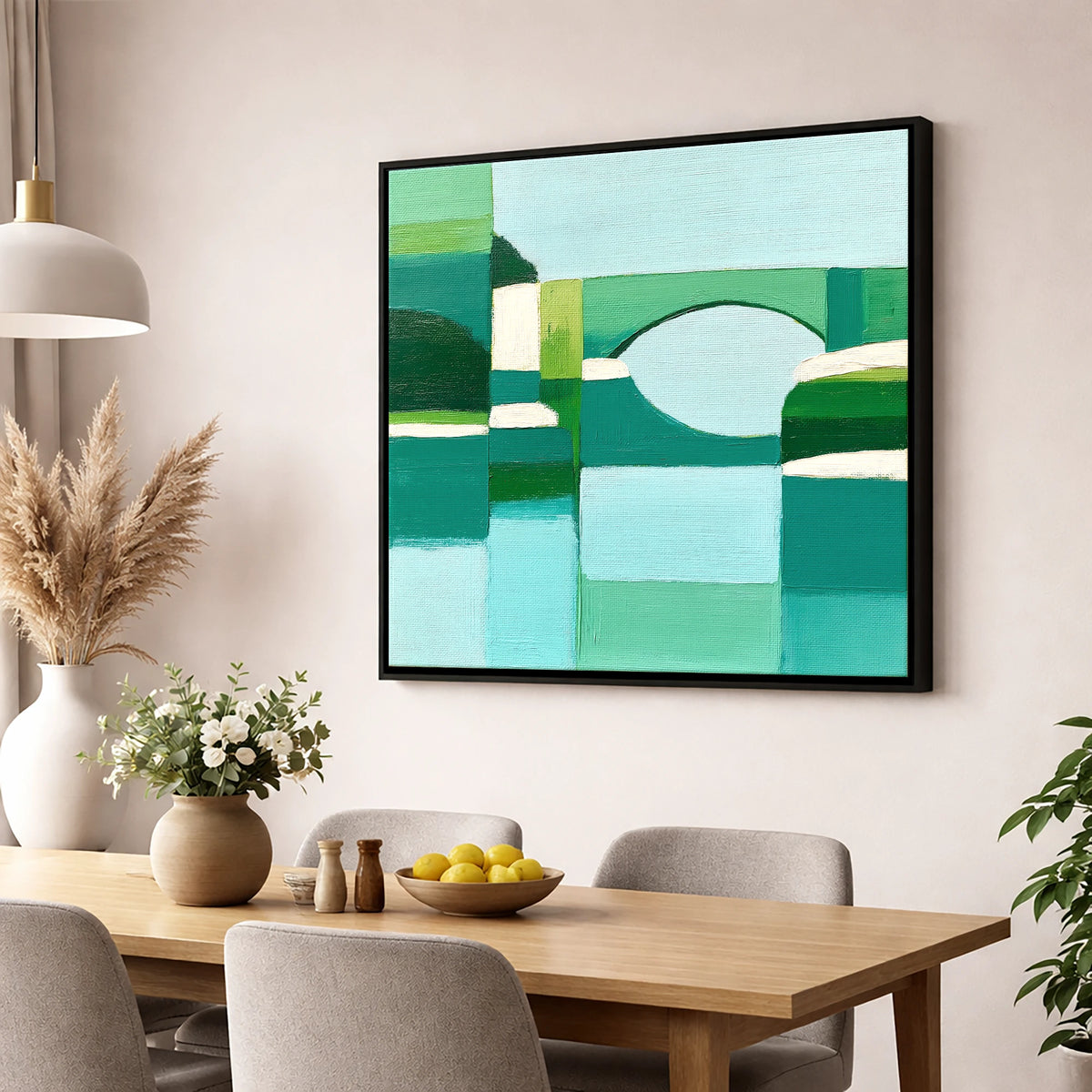 Pooley Bridge in Geometric Teal lake district village wall art displayed in a dining room