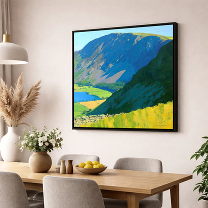 Blue Shadows on Robinson Fell lake district fell wall art displayed in a dining room