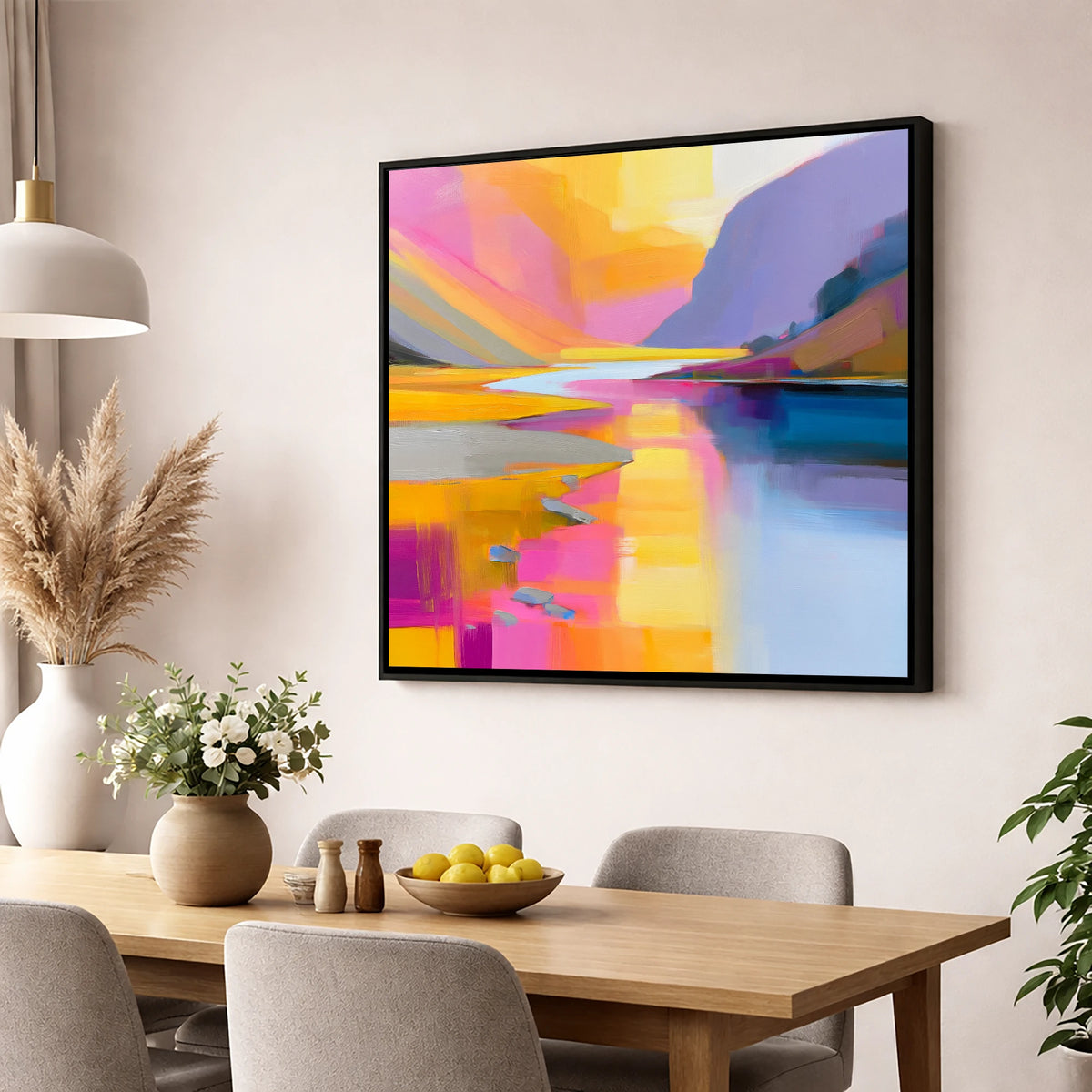 Pink and Gold River Valley lake district waterfall wall art displayed in a dining room